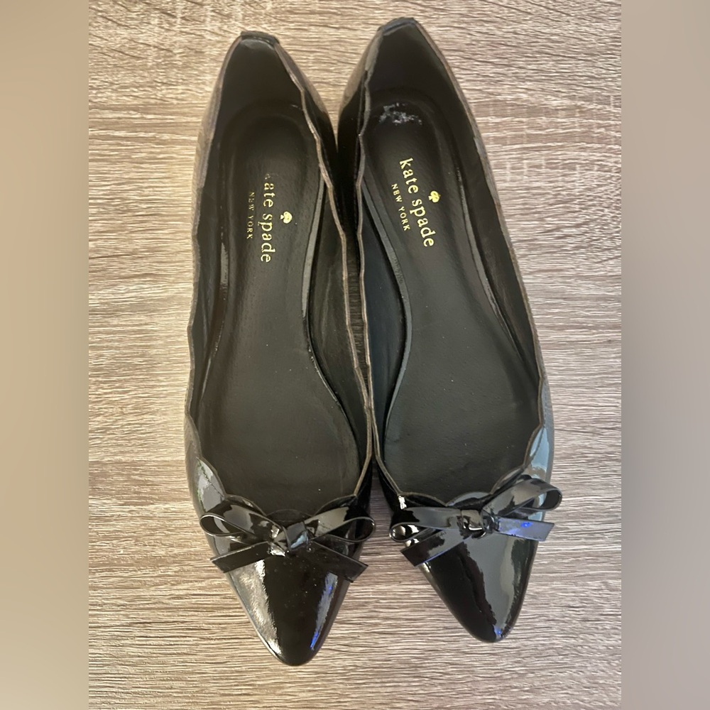 kate spade Black Patent Pointed-Toe Ballet Flats with Bow
